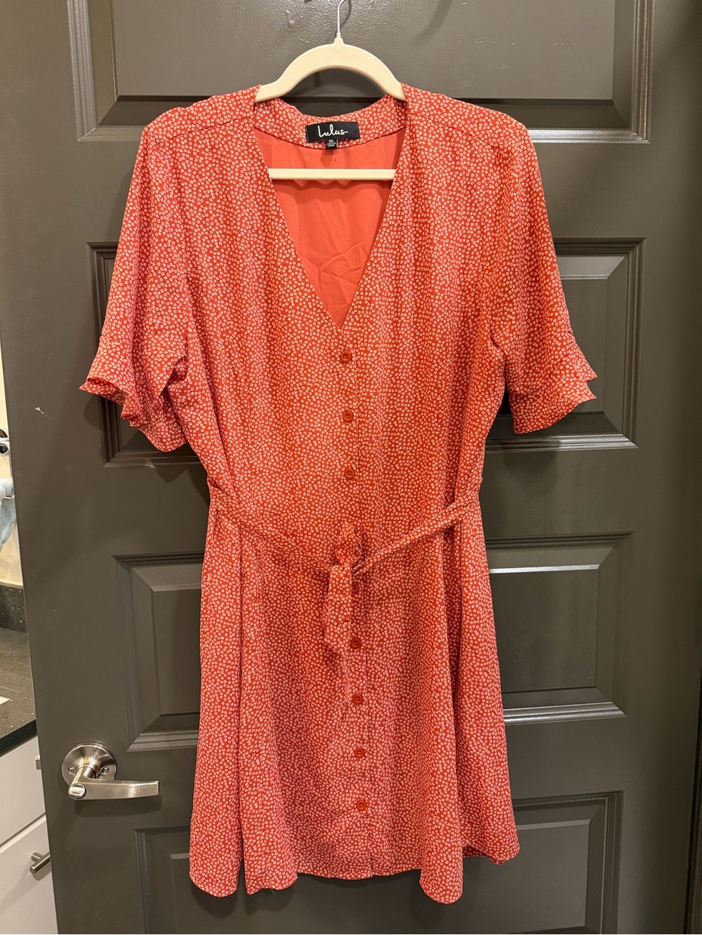Lulu's Red V-Neck Button-Front Midi Dress with Self-Tie Waist